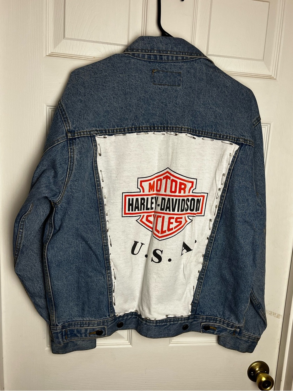 Harley-Davidson Upcycled Wrangler Blue Denim Safety Pin Jacket